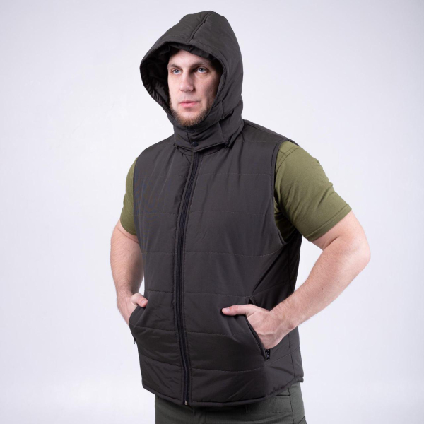 Жилет утеплений СТЕГАНИЙ, З КАПТУРОМ, ХАКІ. р. 46, 48,50, 52,54,56,5860, - фото