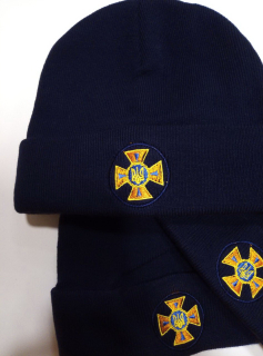 Шапка зимова в,язана СИНЯ для ДСНС, з кокардою, р.універсальний - фото