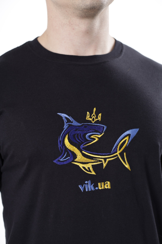 Футболка з  АКУЛОЮ  синьо-жовтою (вишивка), ЧОРНА  р. S, M, XL - фото