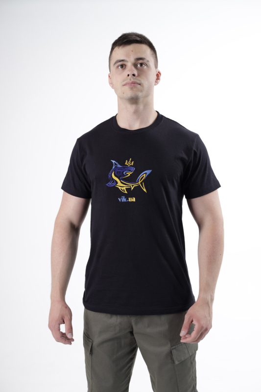 Футболка з  АКУЛОЮ  синьо-жовтою (вишивка), ЧОРНА  р. S, M, XL - фото №2