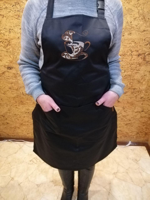 Фартух кухонний ЧОРНИЙ, з вишивкою на нагруднику "ЧАШКА КАВИ" - фото №3