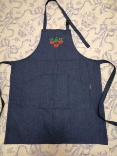 Фартух кухонний СИНІЙ ДЖИНСОВИЙ, з вишивкою на нагруднику "ЧЕРВОНА КАЛИНА" - фото