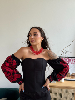 Корсет — вишиванка з рукавами, чорний, з вишивкою "Петриківкий розпис" р. М - фото