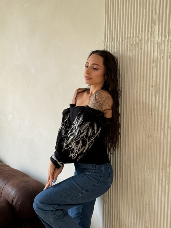 Корсет — вишиванка з рукавами, чорний, з вишивкою "КОЛОСКИ" р. M - фото