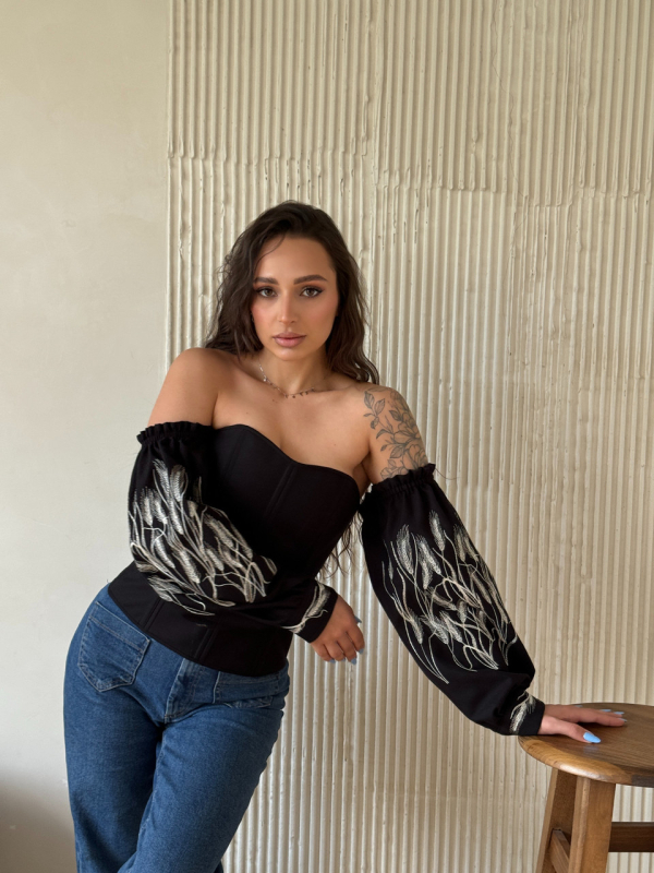 Корсет — вишиванка з рукавами, чорний, з вишивкою "КОЛОСКИ" р. M - фото №2