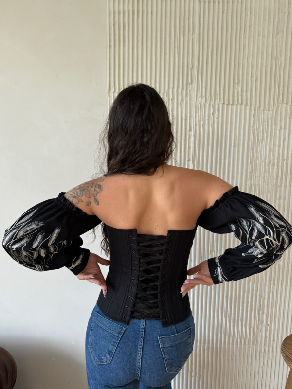 Корсет — вишиванка з рукавами, чорний, з вишивкою "КОЛОСКИ" р. M - фото №3