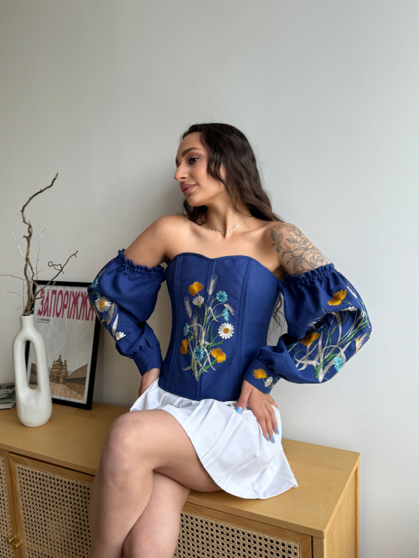 Корсет — вишиванка з рукавами, синій (кол. сині сутінки) з вишивкою "БУКЕТ" — р. M - фото