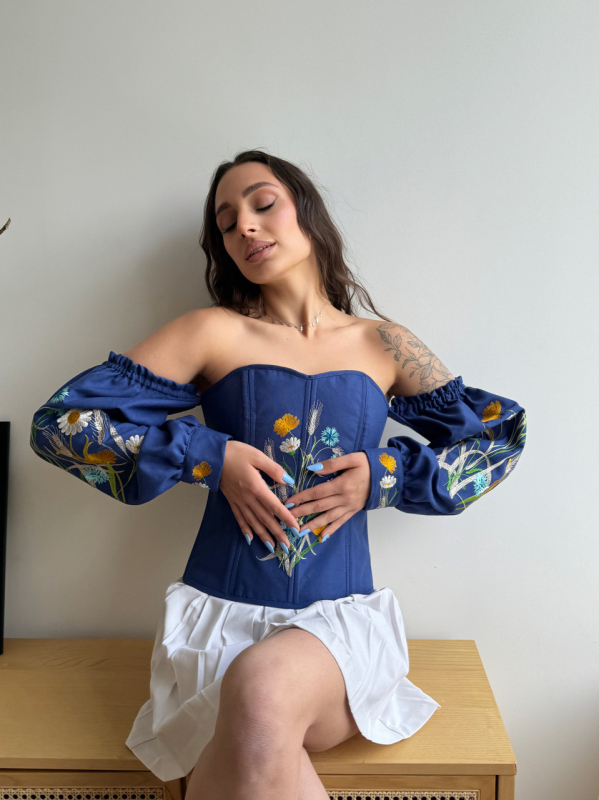 Корсет — вишиванка з рукавами, синій (кол. сині сутінки) з вишивкою "БУКЕТ" — р. M - фото №2