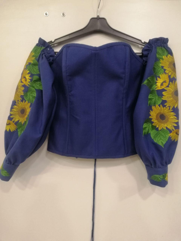 Корсет — вишиванка з рукавами, синій (кол. сині сутінки) з вишивкою "СОНЯШНИКИ" р. M - фото