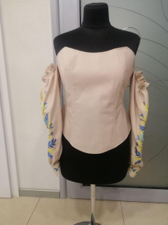 Корсет — вишиванка з рукавами, кол. Кава з молоком, з вишивкою "ФІАЛКИ" р. XL(48) - фото