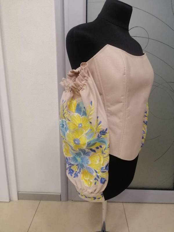 Корсет — вишиванка з рукавами, кол. Кава з молоком, з вишивкою "ФІАЛКИ" р. XL(48) - фото №2