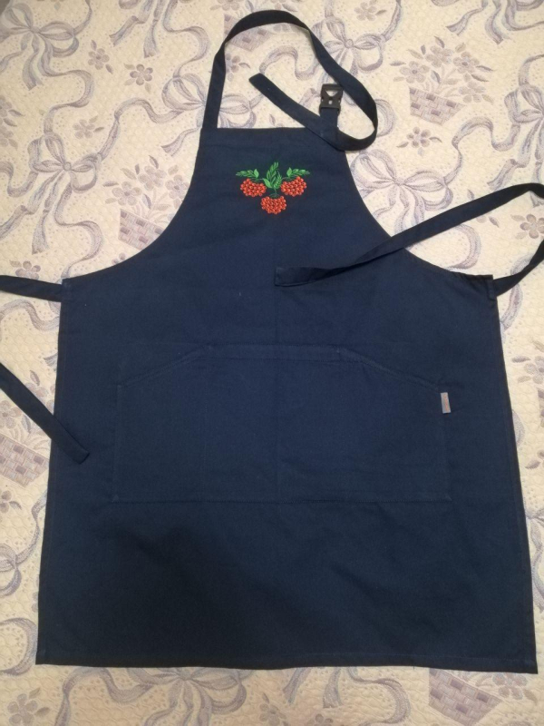 Фартух кухонний СИНІЙ , з вишивкою  на нагруднику  "ЧЕРВОНА КАЛИНА" - фото