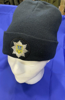 Шапка зимова в,язана ТЕМНО-СИНЯ для ПОЛІЦІЇ, з кокардою, р.універсальний - фото