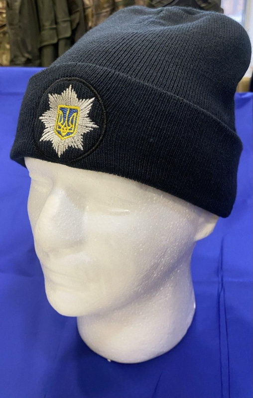Шапка зимова  в,язана ТЕМНО-СИНЯ  для ПОЛІЦІЇ, з кокардою,  р.універсальний - фото №2