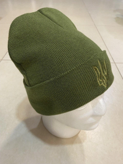 Шапка зимова в,язана ОЛИВА з вишивкою "Тризуб", р.універсальний - фото