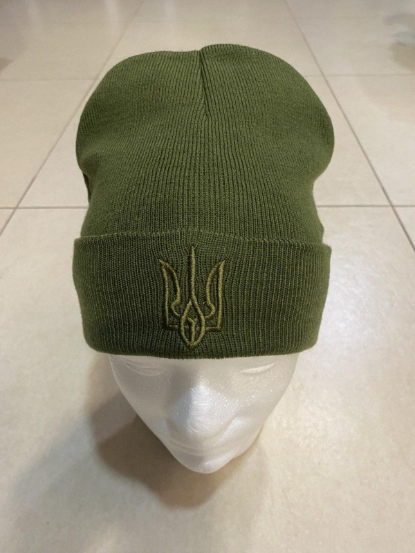 Шапка зимова в,язана ОЛИВА з вишивкою "Тризуб",  р.універсальний - фото №2