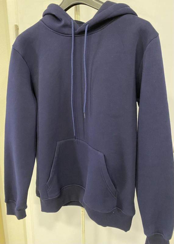 Худі  з принтом СМЕРТЬ ЗАЧЕКАЄ на спині, темно-синя р.S, Л - фото №2